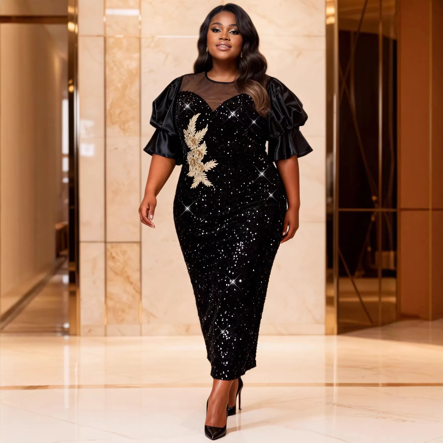 

Plus Size African Dresses for Women Spring Summer Fashion African Short Sleeve O-neck Black Sequin Party Evening Long Dresses