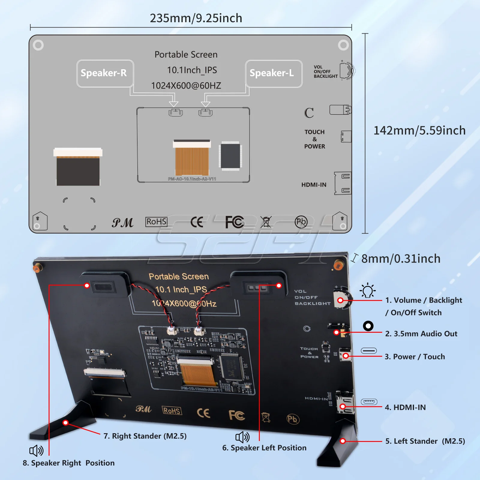 Imagem -04 - Tela Sensível ao Toque Portátil com Suportes Raspberry pi e Windows pc 52pi 10.1 Polegada Ips 1024x600 60hz