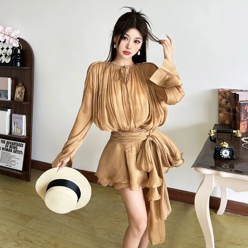 

French-style Sweet and Spicy Lady-style Long-sleeved Dress with Pleated Strap Design, Women's Ruffled Waist-cinched Dress