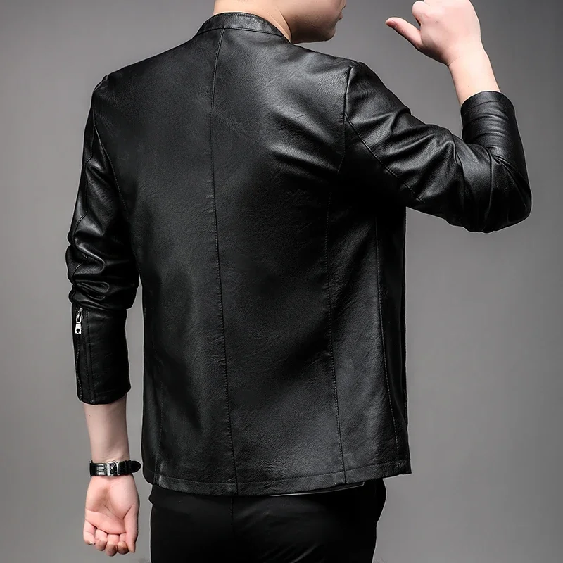 2024 New Oversize Men\'s Stand Collar PU Leather Jacket Motorcycle Plus Size Faux Leather Coat Business Casual Winter Outwear