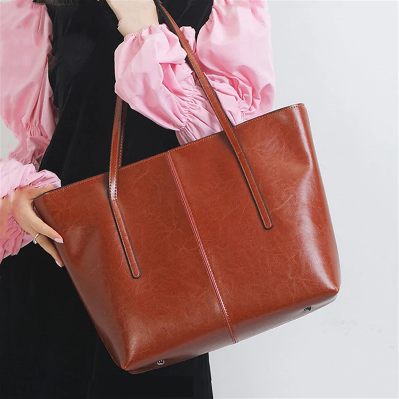 

Burminsa Cowhide Genuine Leather Large Tote Bags For Women 2024 Trend Designer A4 Commuter Shoulder Bags Shopper Ladies Handbags