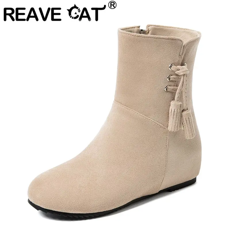 

ORCHA LISA Fashion shoes Casual Female Women's Ankle Boots Round Toe 3.5cm Increased Heel Fringe Flock Suede Size 42-43 Daily