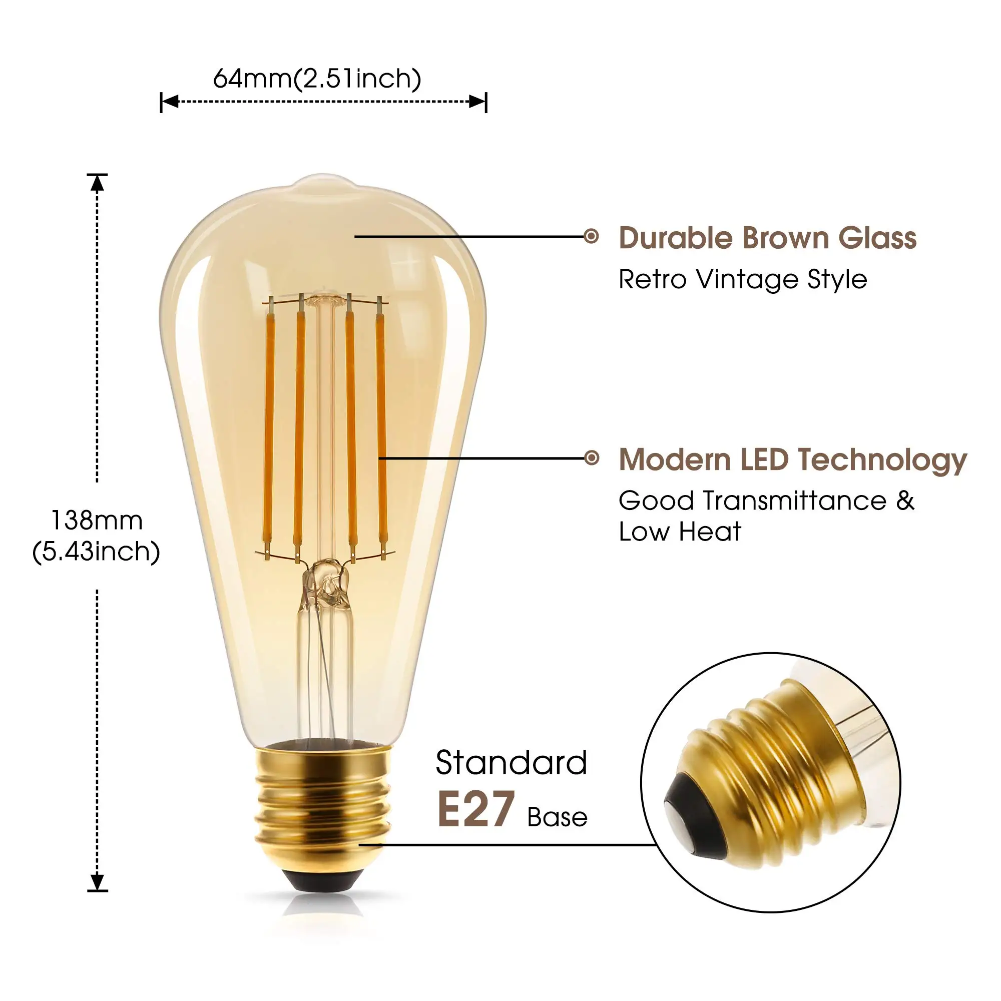 Bombilla de filamento Retro Edison ST64, 4 piezas, 4W, 6W, E27, lámpara Vintage regulable, 2200k, ampolla de vidrio ámbar, reemplazo de luz