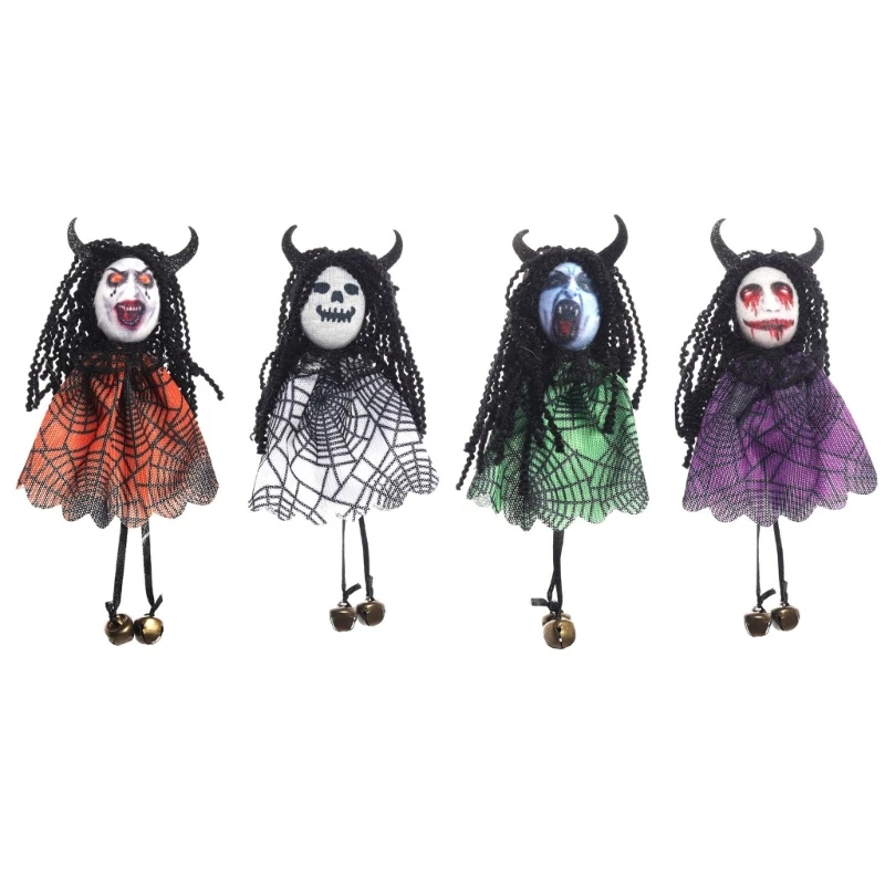 Seasonal Halloween Hanging Decorations Set of 4 Witches Cloth Dolls with Compact 17 Size Web Pattern Mantles and Strings for