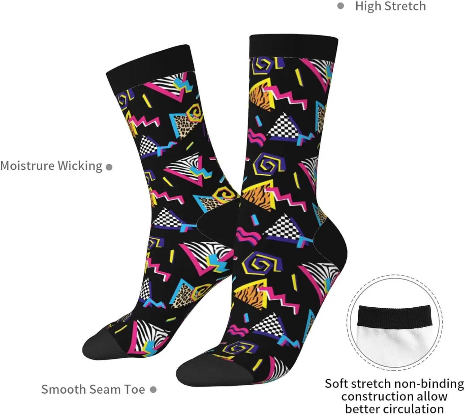 레트로 기하학적 패턴 크루 양말! 컬러풀한 80년대 영감을 받은 디자인. 부드럽고 패셔너블하며, 트렌드세터들에게 적합합니다.