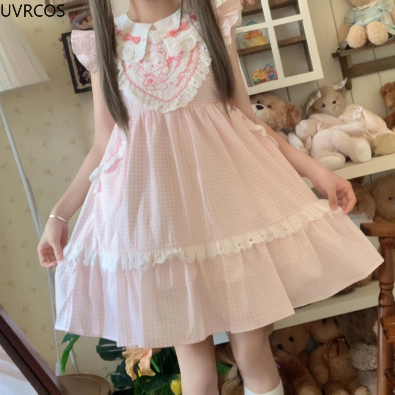 Pink Sweet Plaid Lolita Dress Women Kawaii Cute Bow Bear Embroidery Party Mini Dresses Female Vintage Elegant Fairy Dress Summer