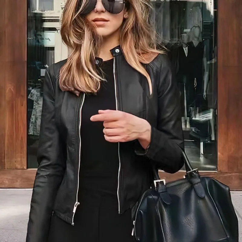 Women's Autumn Winter New Fashion Solid Color Stand Neck Zipper PU Leather Casual Versatile Long Sleeved Slim Fit Suit Jacket