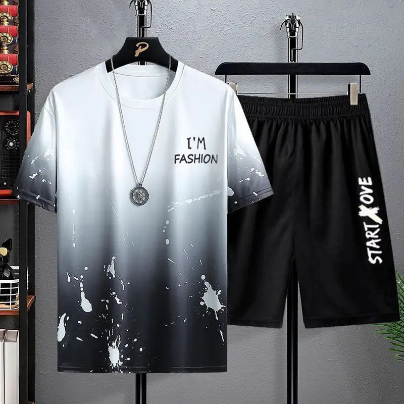 

Summer Sport Casual Short Sleeve T-Shirt Set for Men Youth Five-Quarter Pants Five-Quarter Shorts Trendy Brand Ins Gradient