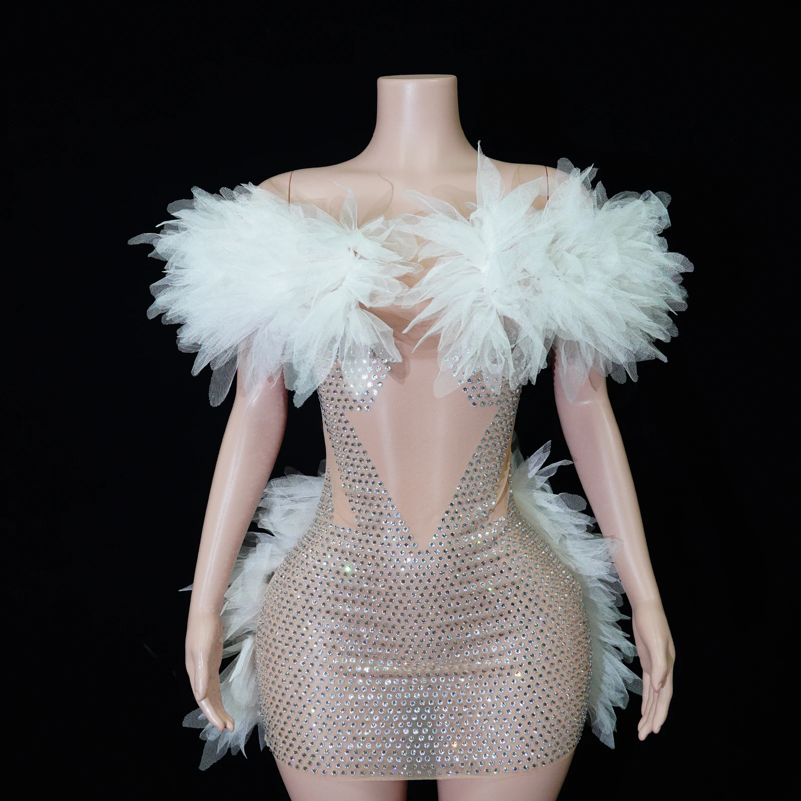 

Showstopper White 3D Tulle Flower Sheer Mesh Rhinestone Off Shoulder Dance Dress Sexy Costumes Stage Dance Wear Drag Queen
