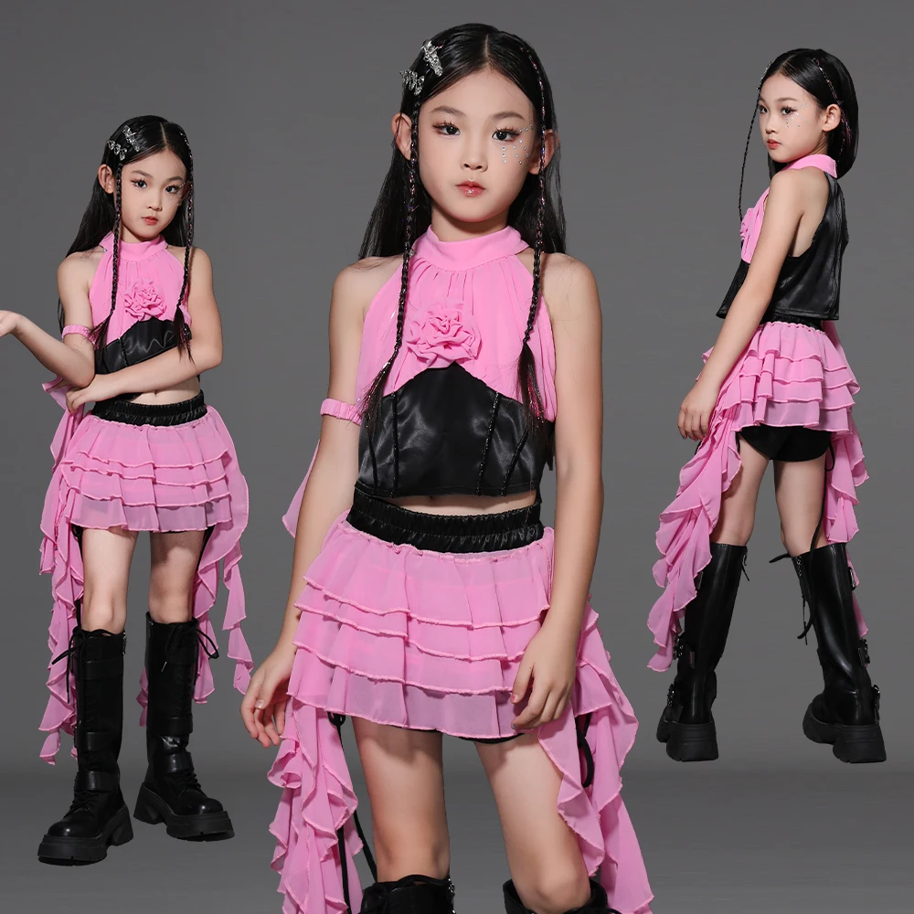 Kinderen Stage Catwalk Outfit Roze Verstoorde Jazzdans Kostuum Meisjes Ballroom Dansvoorstelling Kleding Street Wear XS10495