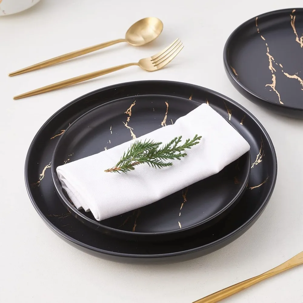 Black Gold Splash Dinnerware Sets, 12-Pieces Marble Ceramic Plates and Bowls Sets, Modern Porcelain Dish