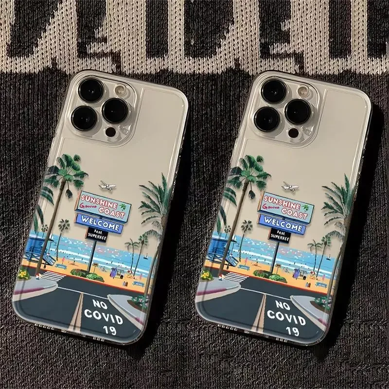 ins Sunshine Coast Pattern Case For iFhone 16 PRO 15 14 13 12 11 Pro Max XR XS Max7 8Plus Y2K Creativity  Anti Fall Phone Case