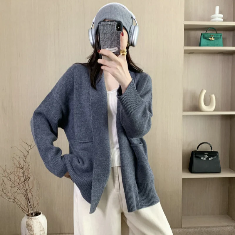 

Autumn New Knitted Cardigan Sweater Women, Mid-Length Loose Buttonless Elegant Lazy Style Drop Shoulder Sleeve Coat Top