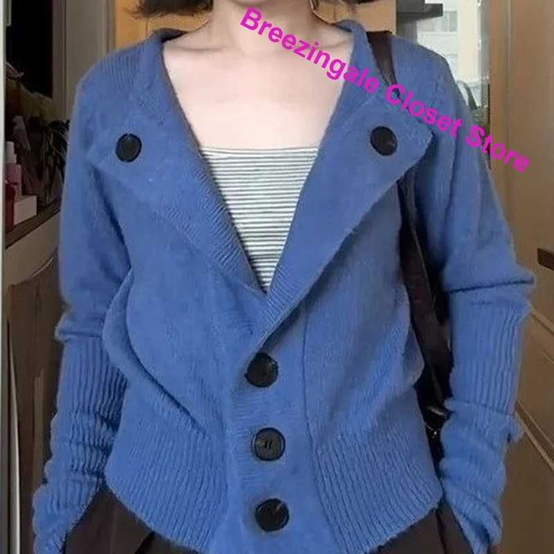 French Retro V-neck Off-the-shoulder Striped Long-sleeved Sweater Women's Autumn and Winter New Spice Girl Design Knit Cardigan