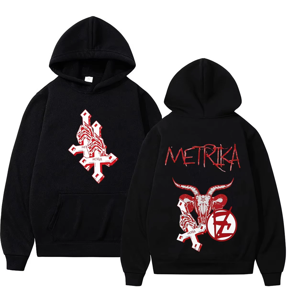 2026 Men Dark Punk Goat‑Head Cross Graphic Hoodie Dual‑Side Red‑White Print Black Drawstring Pullover Sweatshirt