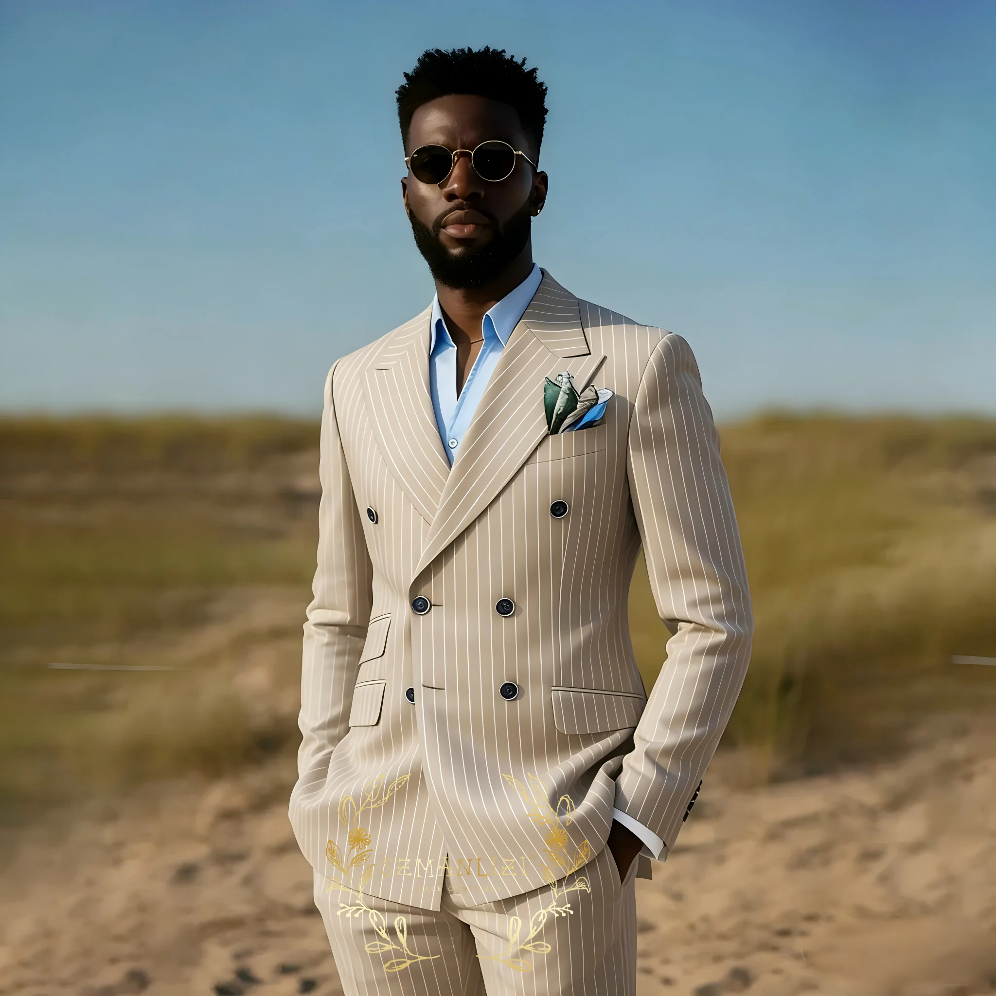 

Unique Design Khaki Striped Suit Attire For Wedding Double Breasted Jacket Pants 2 Piece Groom Tuxedos Customized Costume Homme