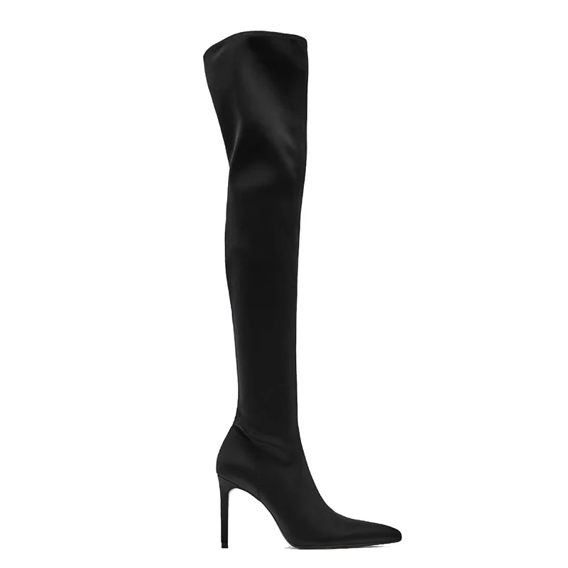 

New Pointed Toe Over-Knee-High Boots Women Black Satin Side Zip High Heels Women Elastic Socks Boots Long Boots Botas de mujer