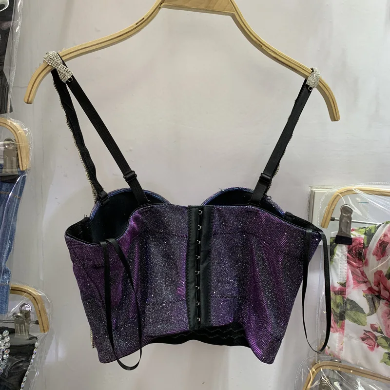 ملهى ليلي تألق بلينغ حفلة تانك القمم النساء الماس شرابة الديكور بروتيل مثير عارية الذراعين سليم اقتصاص حمالات الصدر Y3058