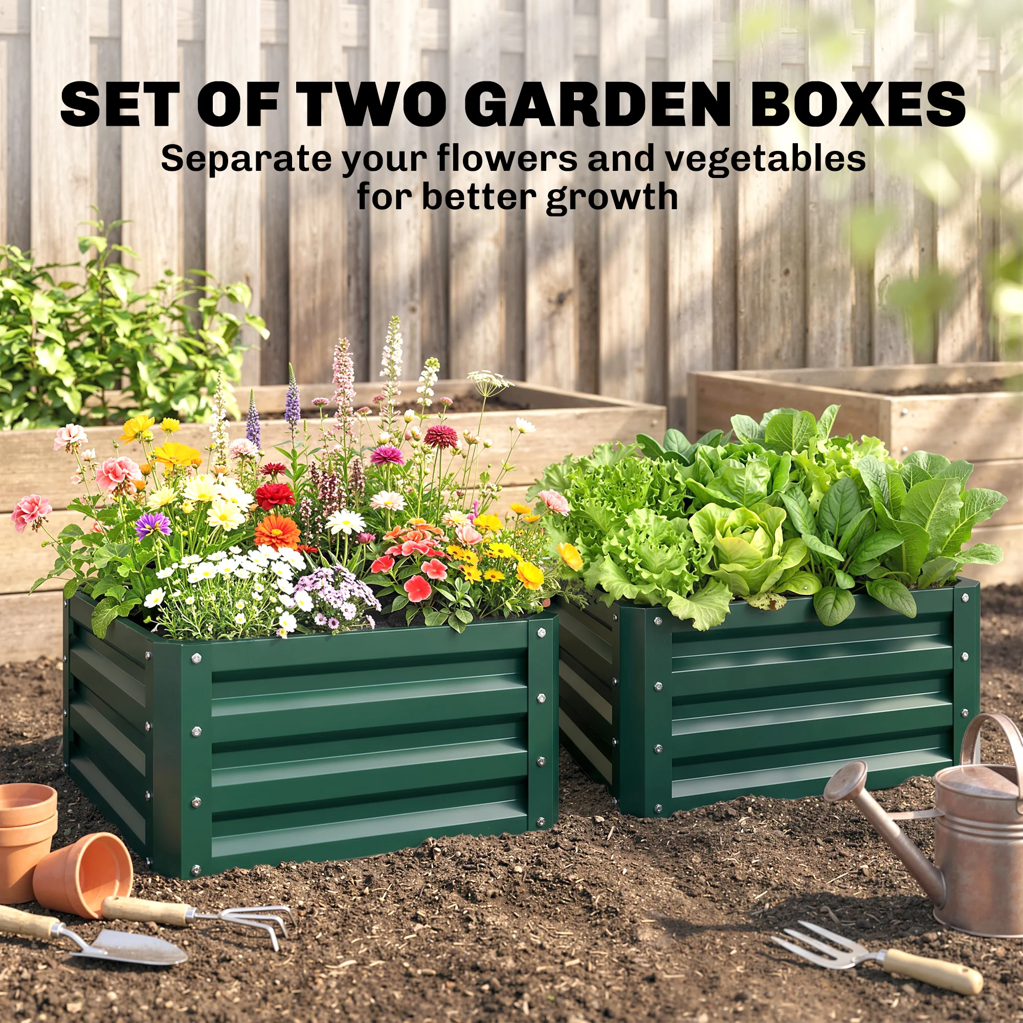 Set of 2 Raised Garden Beds Galvanized Steel Planter Boxes Easy Setup Green