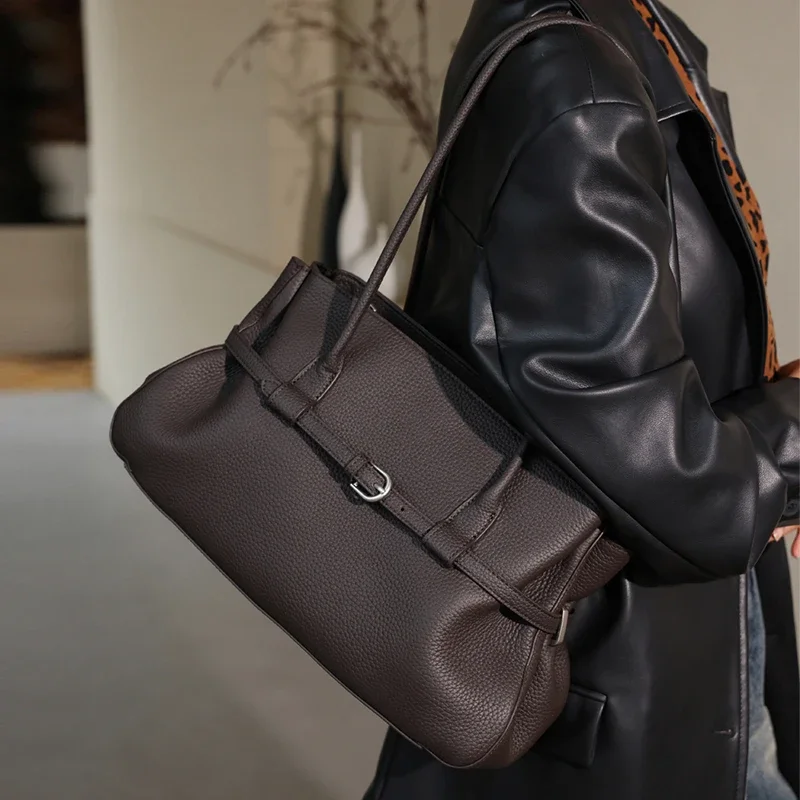 Genuine Leather Women Tote Shoulder Bag 2026 Daily Handbag Large Capacity For Shopping Work Travel Outdoor Cowhide Underarm Bags