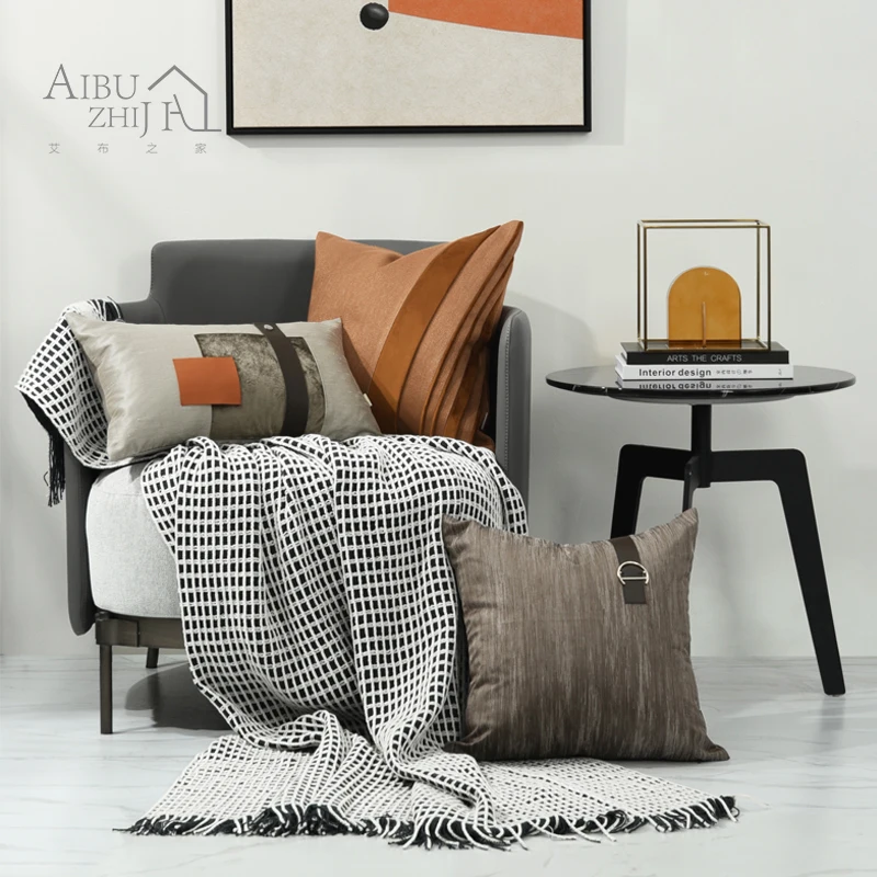 

Light Luxury Cushion Cover Decorative Brown Throw Pillows Linen Cotton Leather Patchwork Sofa Cushions Home Decor 30x50cm