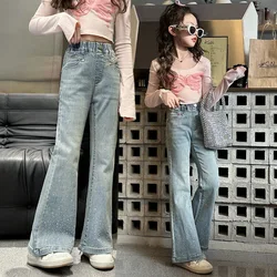 New Girls Flare Sequin Design Jeans for Kids Spring Autumn Teenage High Elasticity Bell-bottom Trousers Skinny Denim Pants