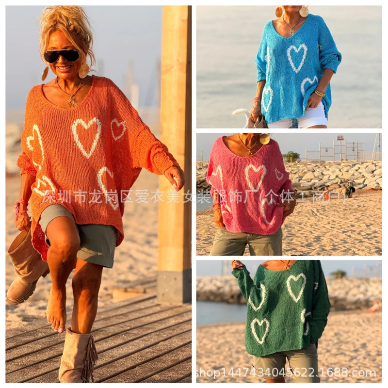 

2026 Spring New Women V Neck Long Sleeve Pullover Sweater Love Heart Pattern Multi Colors Optional Loose Fashion