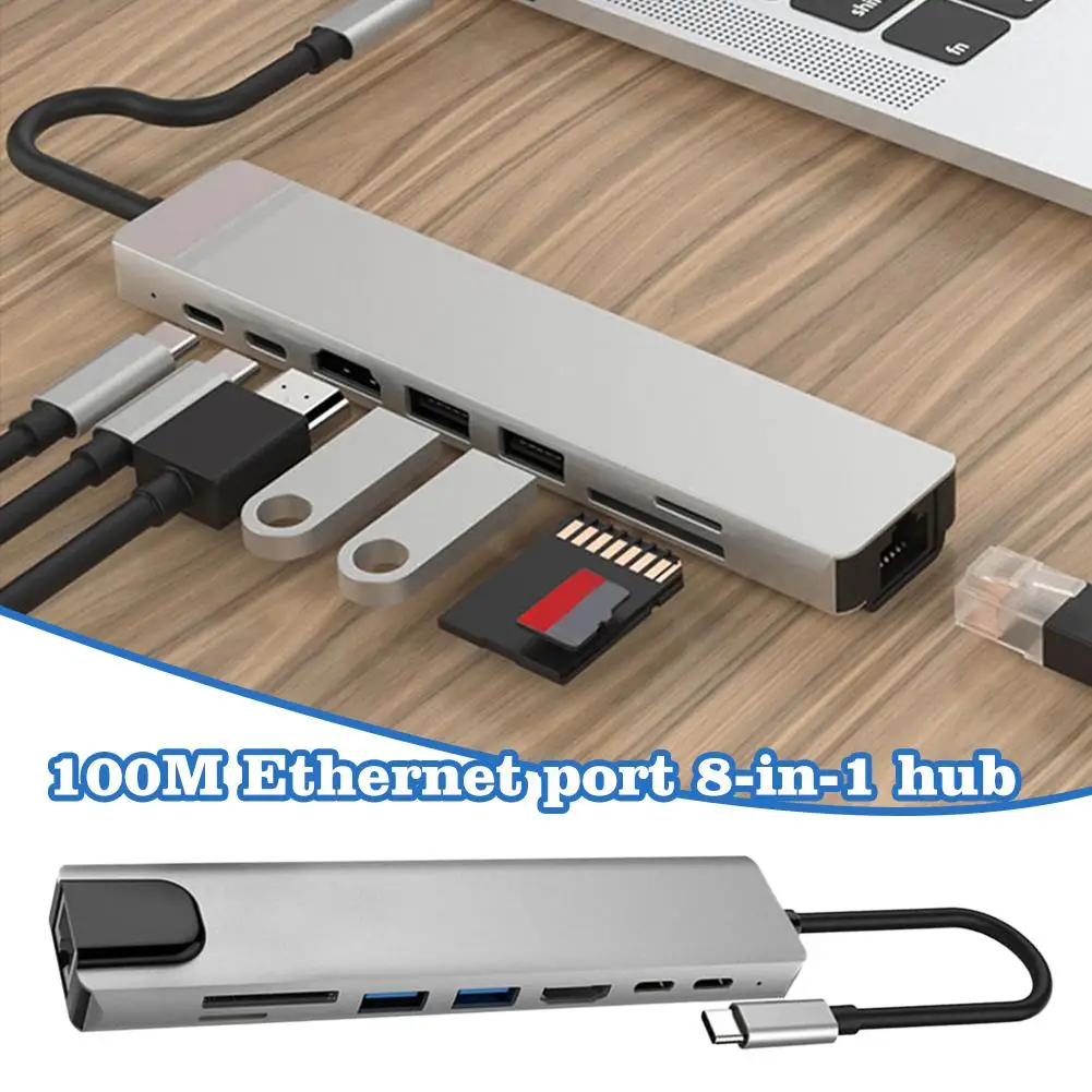 

8 In 1 USB-C Hub Type C To USB 3.0 4K HDMI PD Adapter 100Mbps Network RJ45 Port For IPhone Pro/Air Dropshipping Z5Y0