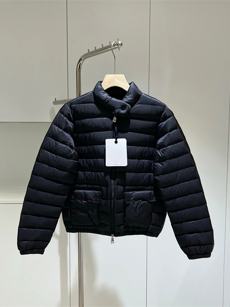 Chaqueta de plumón ligera para mujer, plumón de ganso blanco, cuello levantado, abrigo para ir al trabajo, corte recto, cremallera larga