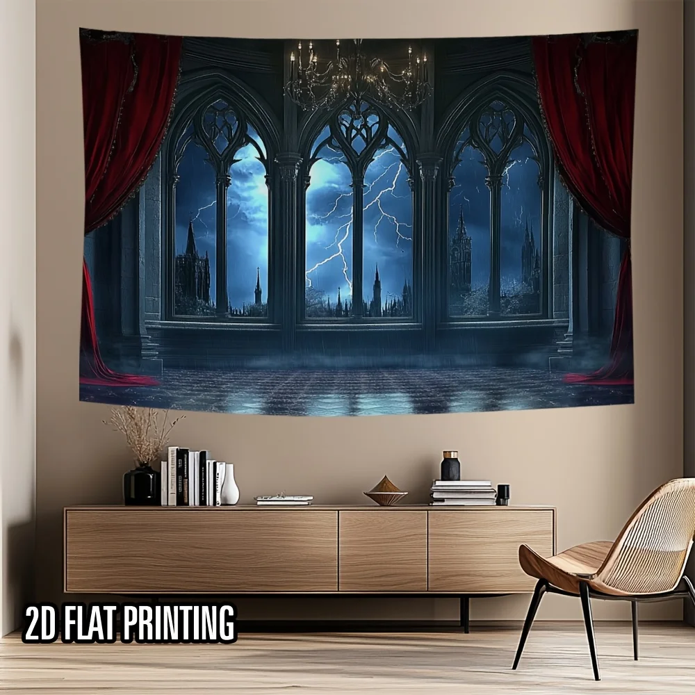 VIKAMA Gothic Castle Window Tapestry Lightning Night View Wall Hanging for Spooky Halloween Room Decor Wall Hanging Tapestry