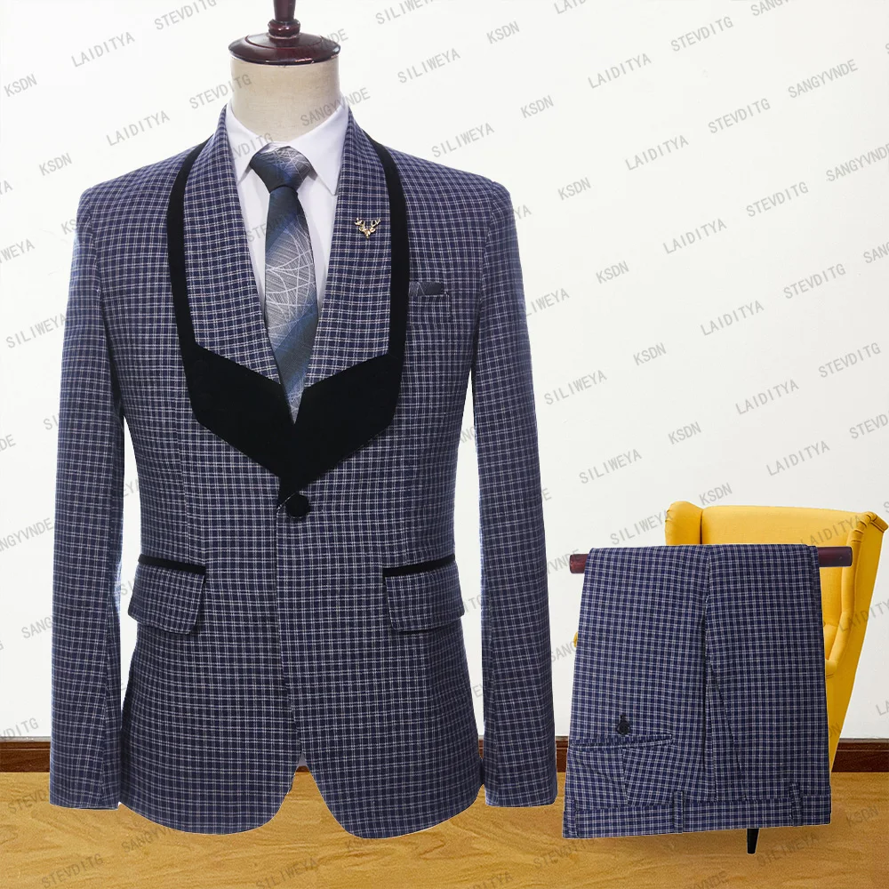 

2023 New Men Wedding Party Summer 2 Pcs Set Blue White Reto Classic Plaid Black Shawl Lapel Jacket Pants Fashion Slim Fit Suits