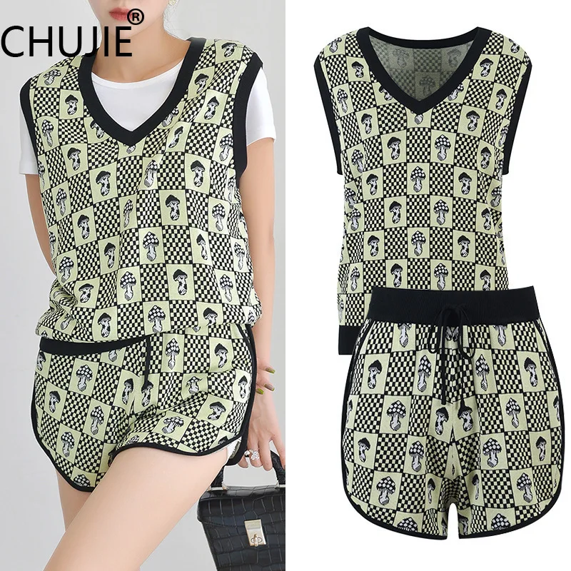 

CHUJIE Women's Dress Set 2025 Summer New Fashion Casual Mushroom Jacquard Contrast Color V-neck Vest High Waist Shorts Set