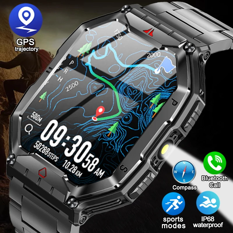 Neu für Huawei Xiaomi Militär GPS Smartwatch Männer Taschenlampe Kompass wasserdicht Outdoor Sport Tracker Bluetooth Anruf Smartwatch