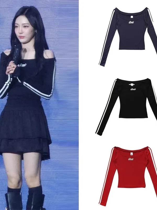 

Sexy Long Sve One oulder ort T-irt Women's Slim Fit Cotton Top Crossbody Print Creative Design Breathable Autumn Wear