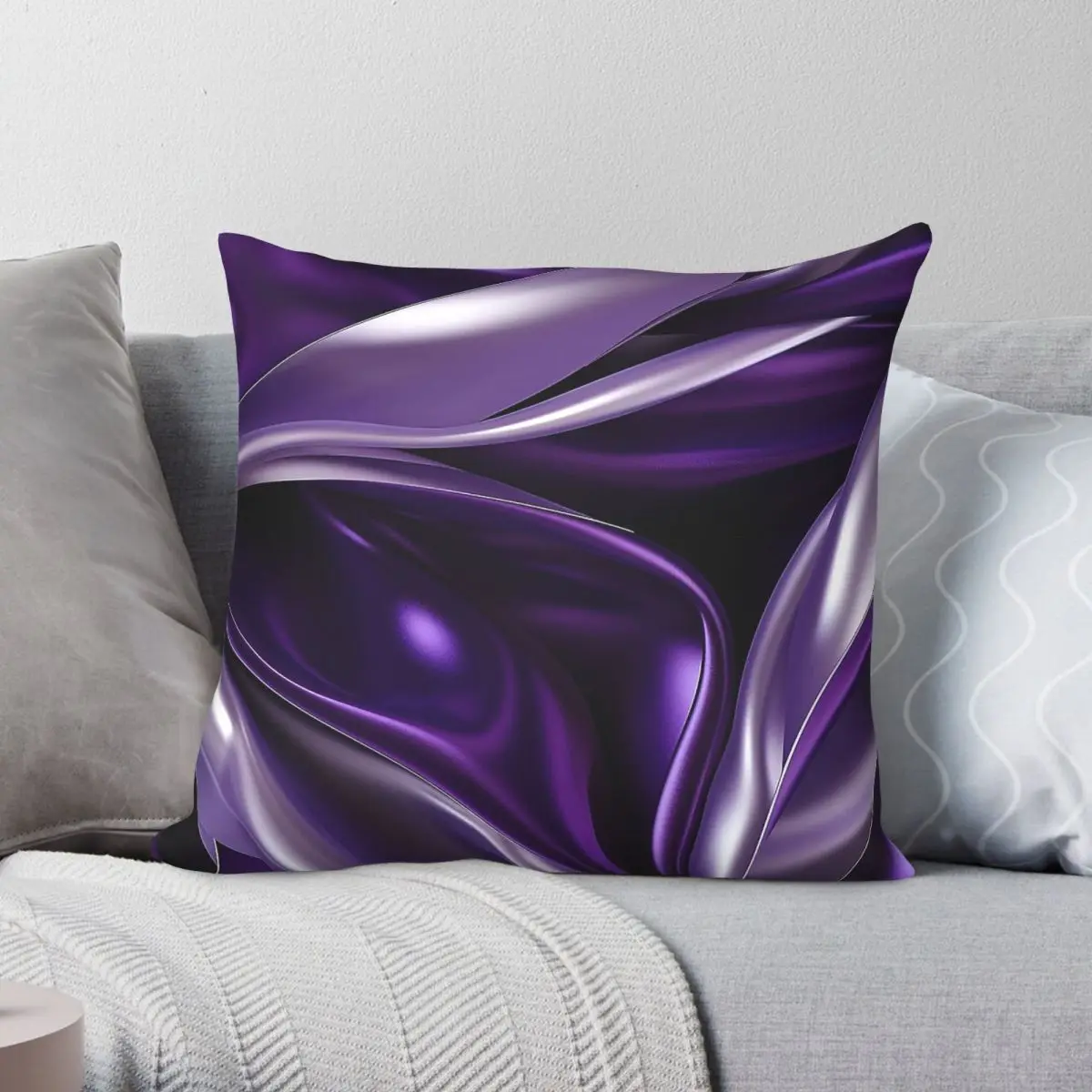 Housse de coussin carrée en polyester, lin et velours, imprimée avec des rubans métalliques Purple Majesty, pour la décoration de la maison