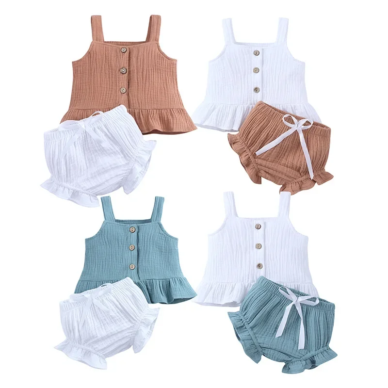 

New 2024 Summer Newborn Clothes Sets Baby Girls Solid Sleeveless Cotton Linen T-shirt Sling Top + Shorts Toddler Casual Clothing