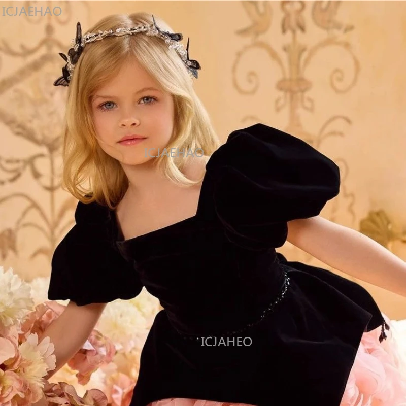 Girls Short Princess Dress Puffy Birthday Party Gown for Host Girl Wedding Evening Party Children Performance Pageant Flower