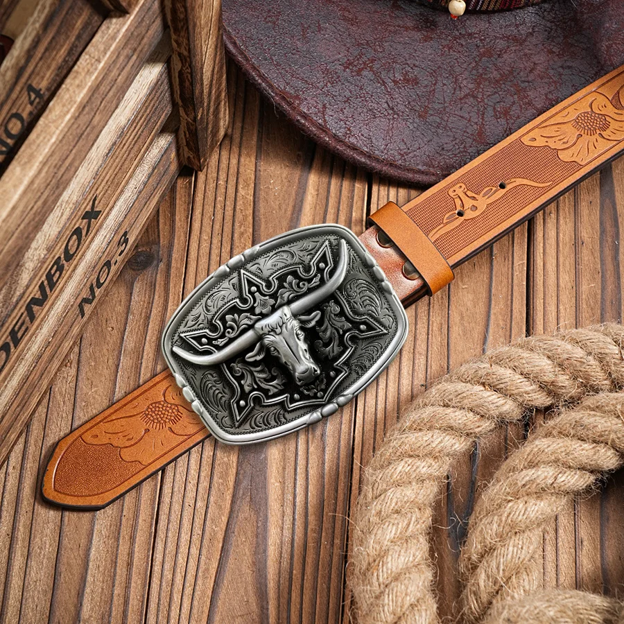 Cinturón de hombre estilo pareja de vaquero occidental - Patrón irregular Tallado Flor Cuerno largo Cabeza de vaca Hebilla suave Cinturón de mujer - Countr