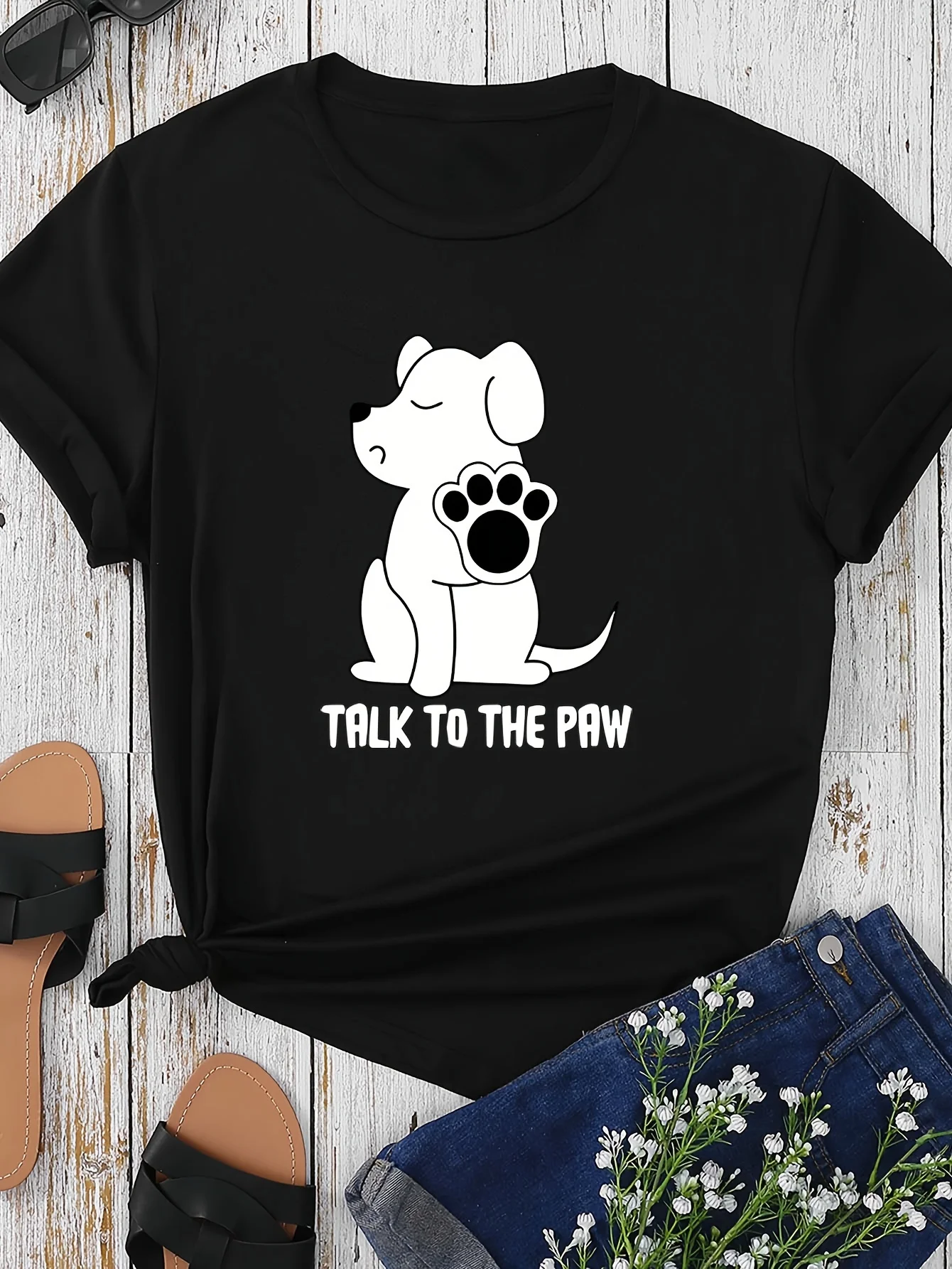 

Women's Casual Short Sleeve T-Shirt with Cute Puppy Print & "Talk to the Paw" Slogan - Soft Pink Round Neck Summer Top