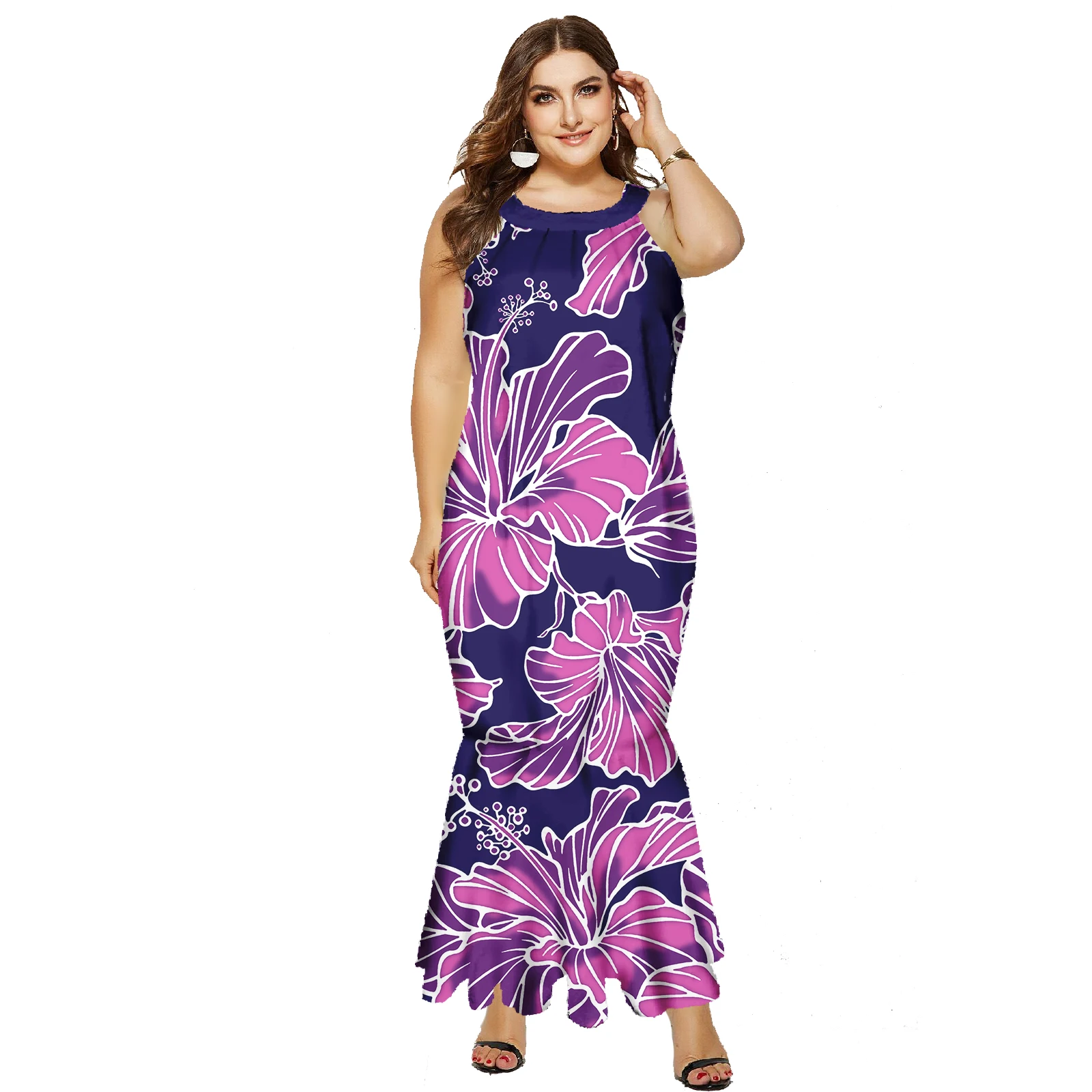 Alta qualidade dupla camada plissado manga fishtail vestido novo design polinésia tribal magro-ajuste sereia vestido