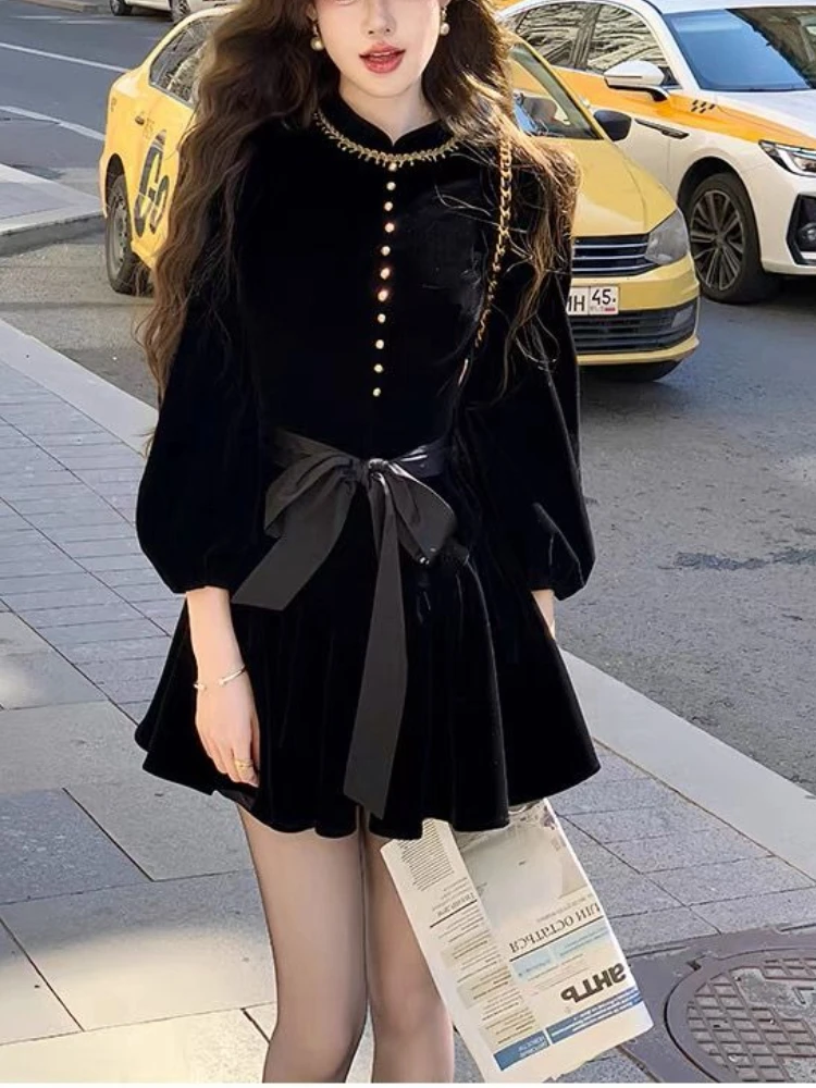 خمر Harajuku الحلو Y2k فستان المرأة سليم صالح كم طويل القوس المخملية ألف خط فستان ريترو الخريف فساتين راقية أنيقة غير رسمية