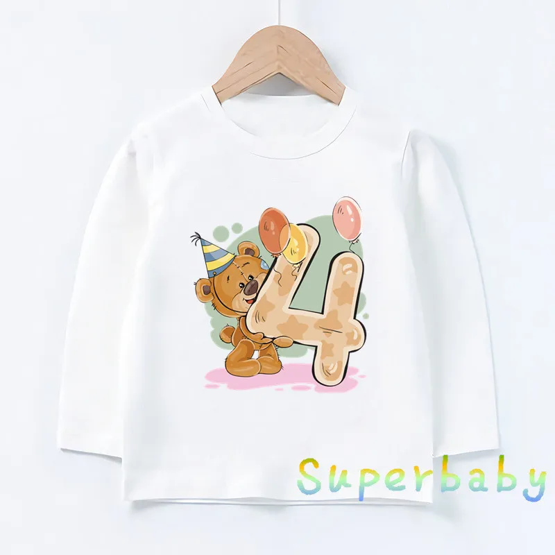 Boys/Girls 1 2 3 4 5 6 7 8 9 Years Birthday Bear T shirt Baby Winnie Funny Long Sleeve T-shirts Kids Clothes Children Present