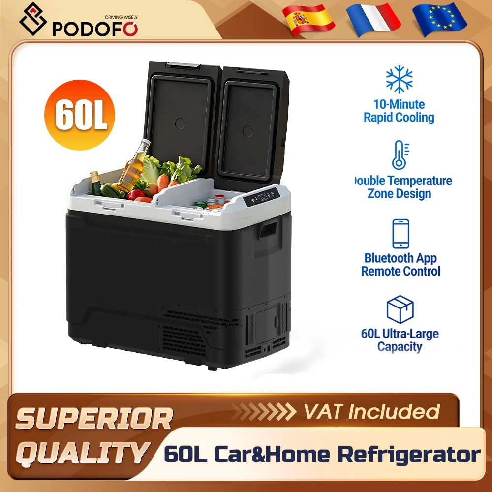 Refrigerador Portátil para Auto Podofo 12/24V 50L/60L con Control por Aplicación, Enfriador Eléctrico, Congelador -10°C ° C~25 ° Mini Refrigerador Portátil para Exteriores