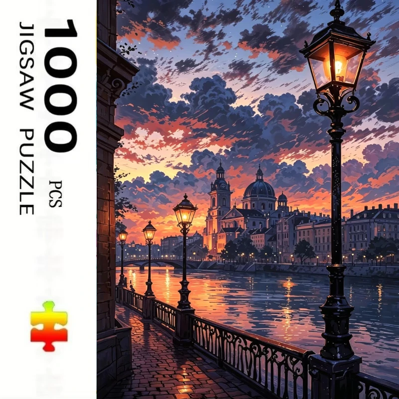 Adult Jigsaw Puzzle 500/1000 Pieces Puzzle Riverside Sunset Town Paper Puzzle Decorative Painting Exercise Brain Thinking
