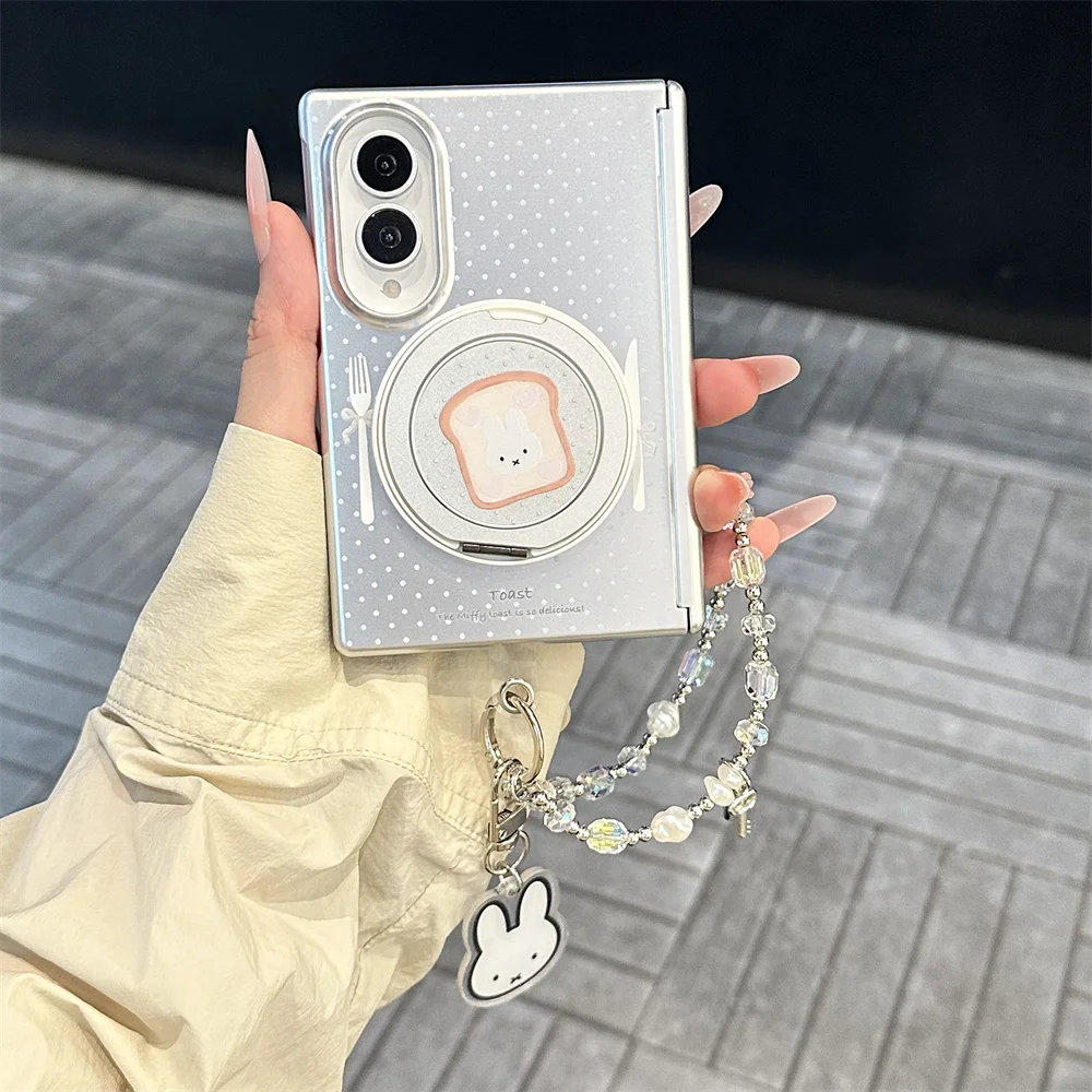 Kawaii Bunny Toast Bread Case For Samsung Galaxy Z Fold 8 Silver Dots Print Rotatable Mirror Stand Rhinestone Pearl Phone Cover