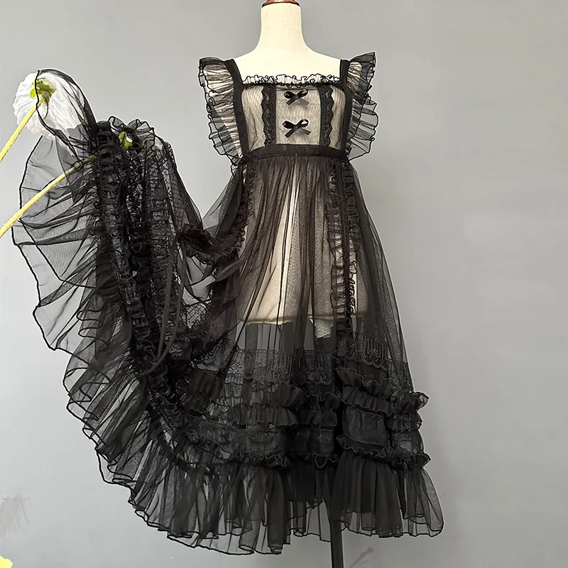 Gothic Lolita Bow grembiule in pizzo arruffato Sheer Mesh Cover Up Dress donna giapponese dolce Kawaii Cute Fairy Princess abiti da festa