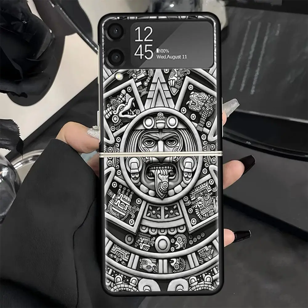 Mayan Stone Totem Pole Phone Case for Samsung Galaxy Z Flip 6 5 4 3 5G Black Hard Cover ZFlip6 ZFlip5 ZFlip4 ZFlip3 Fundas Coque