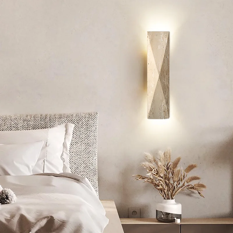 

Outdoor Wall Lamp Yellow Travertine Stone Japanese Style Wall Lights Living Room Bedside Bedroom Decoration LED Light Fixtures