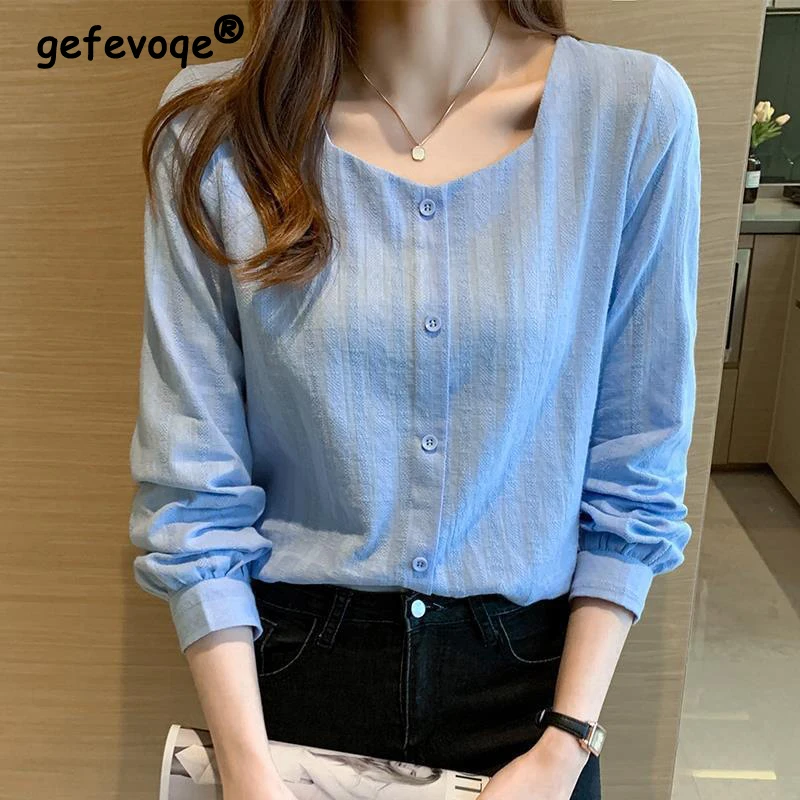 Women Korean Style Square Collar Chic Blouse Spring Autumn Casual Solid Elegant Shirts Long Sleeve Loose Tops Blusas Para Mujer