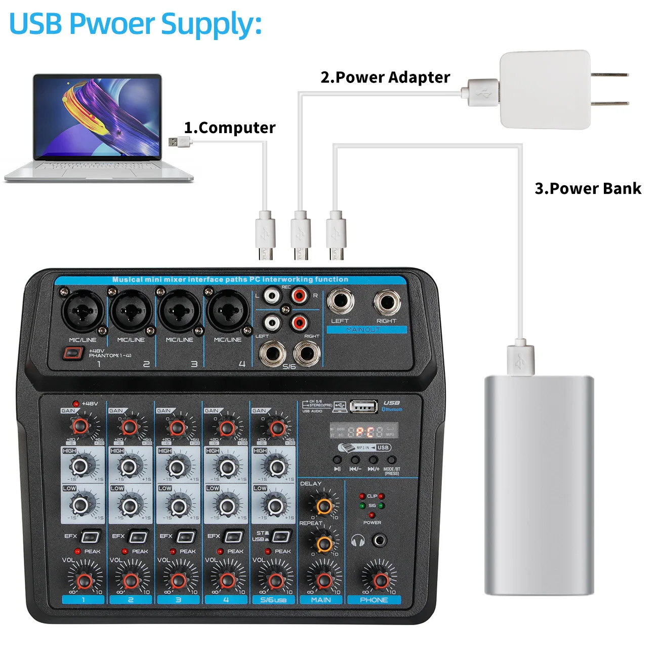 Konsol papan suara DJ, Audio DJ Mixer, kekuatan Phantom 6 saluran 48V dengan Bluetooth USB MP3 Stereo Studio DJ untuk panggung pesta KTV